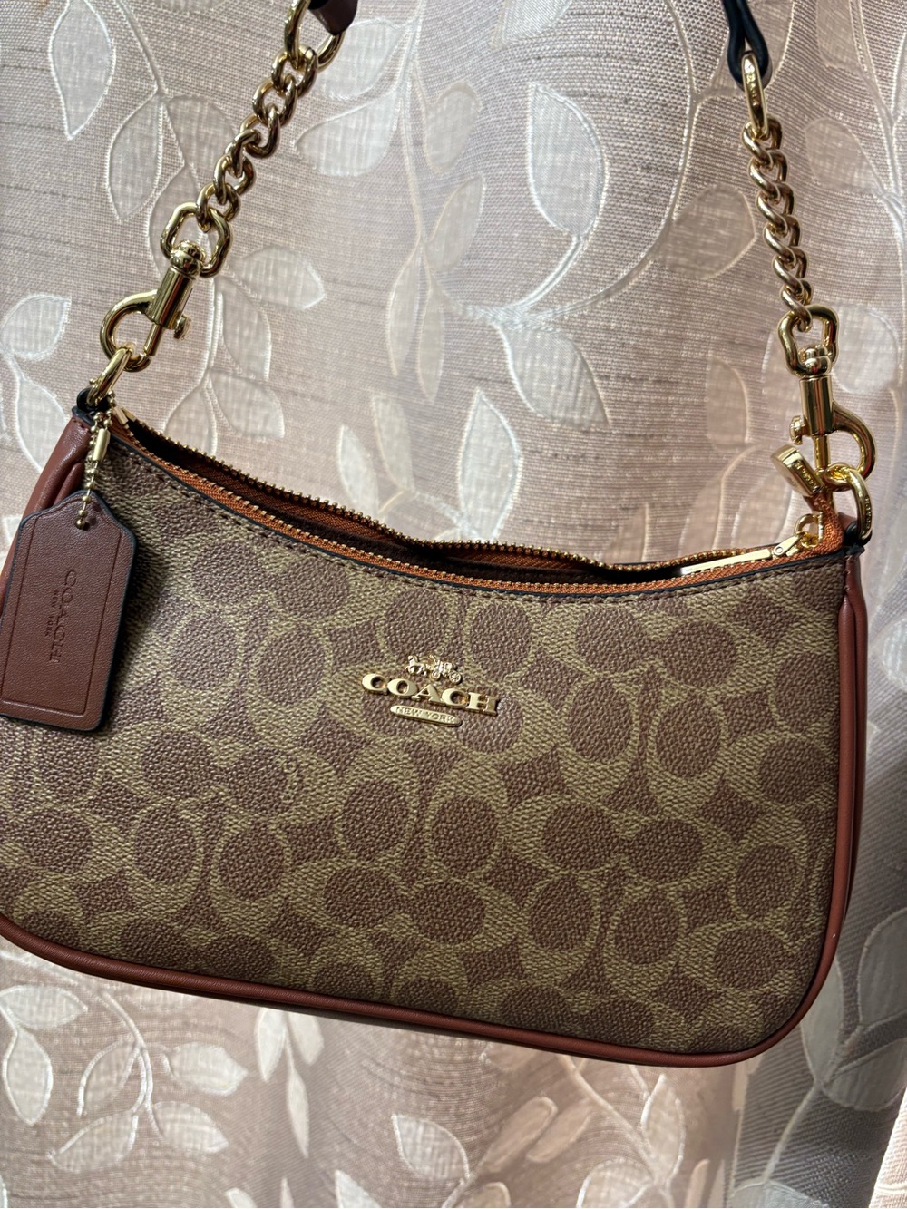 Coach Brown Signature Canvas Shoulder Bag with Gold Chain Strap